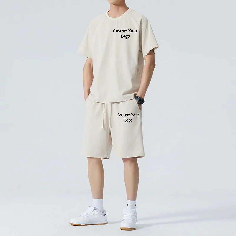 Customizable 2023 Summer New Solid Colour Casual Sports Suit Trendy Simple Loose Short-Sleeved Shorts Two-Piece Suit