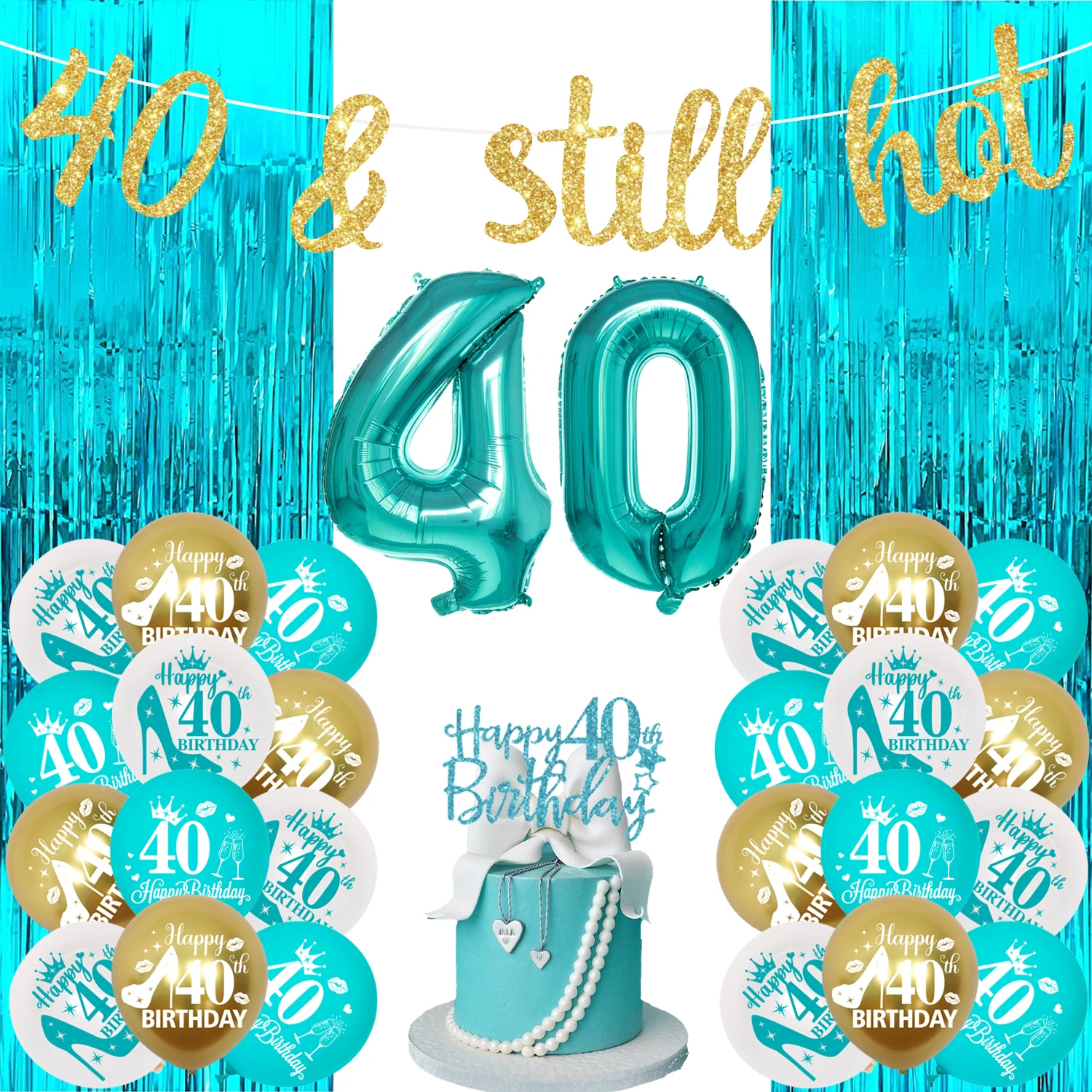 

Turquoise 40th Birthday Party Decorations for Women 40 & Still Hot Banner Teal Blue Happy 40th Birthday Cake Topper Balloons Kit