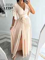 ledp fashion pleated lace up solid color long dress elegant long dress summer sexy deep v neck high slit party dress women