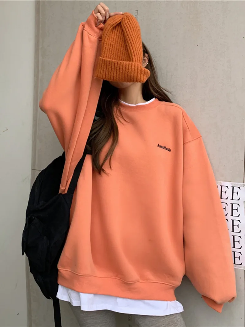 

Orange Gray Sweatshirt Women Fake Two Piece Oversize Hoodie Female Loose Korean Fleece Streetwear Letter Embroidery