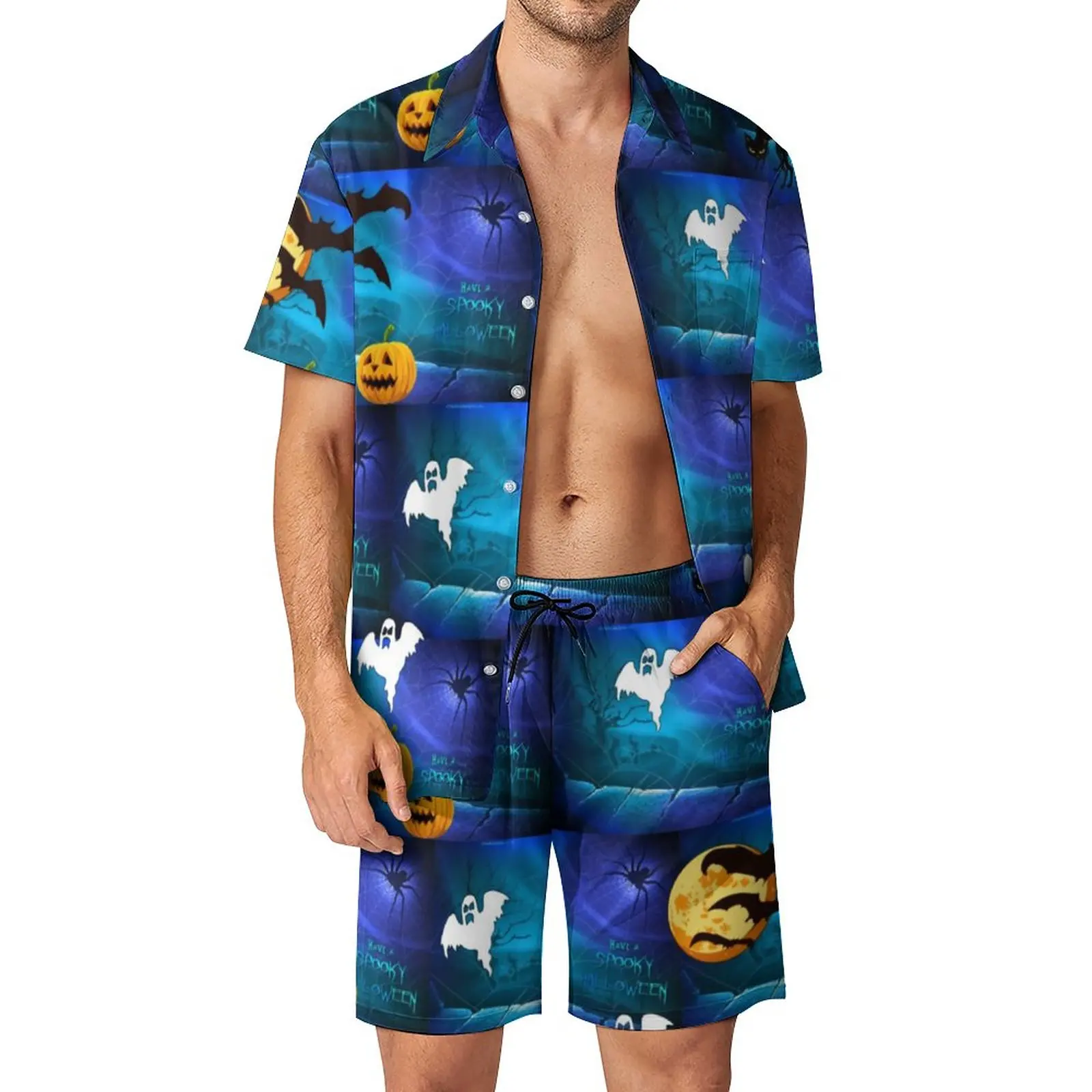 

Black Bats Print Men Sets Spooky Halloween Casual Shirt Set Vintage Beachwear Shorts Summer Suit Two-piece Big Size