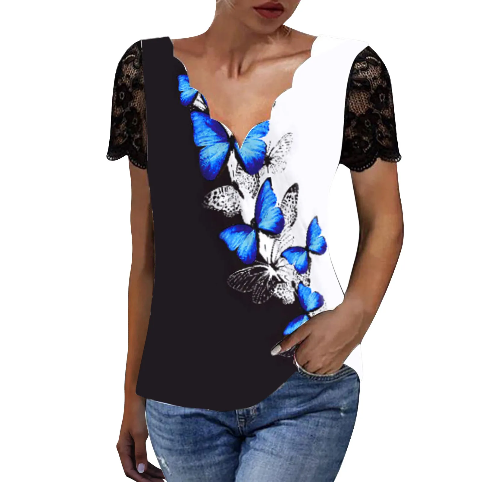 

Teen Black T Shirt Swim Tops Women Summer Tee Casual Top Short Sleeve Lace V Neck Casual Solid Color Womens Black Pullover Shirt