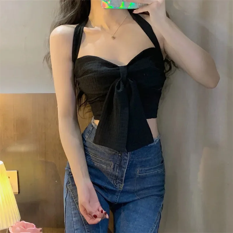 

Women Solid Bow Crop Top Sleeveless Tees Slim Females Sexy Sweet Chic Slim Basic Kawaii Tanks Streetwear Y2k Top