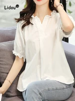 white pleated loose top women summer short sleeve ruffles wood ear v neck embroidery pure cotton office lady pullover shirt