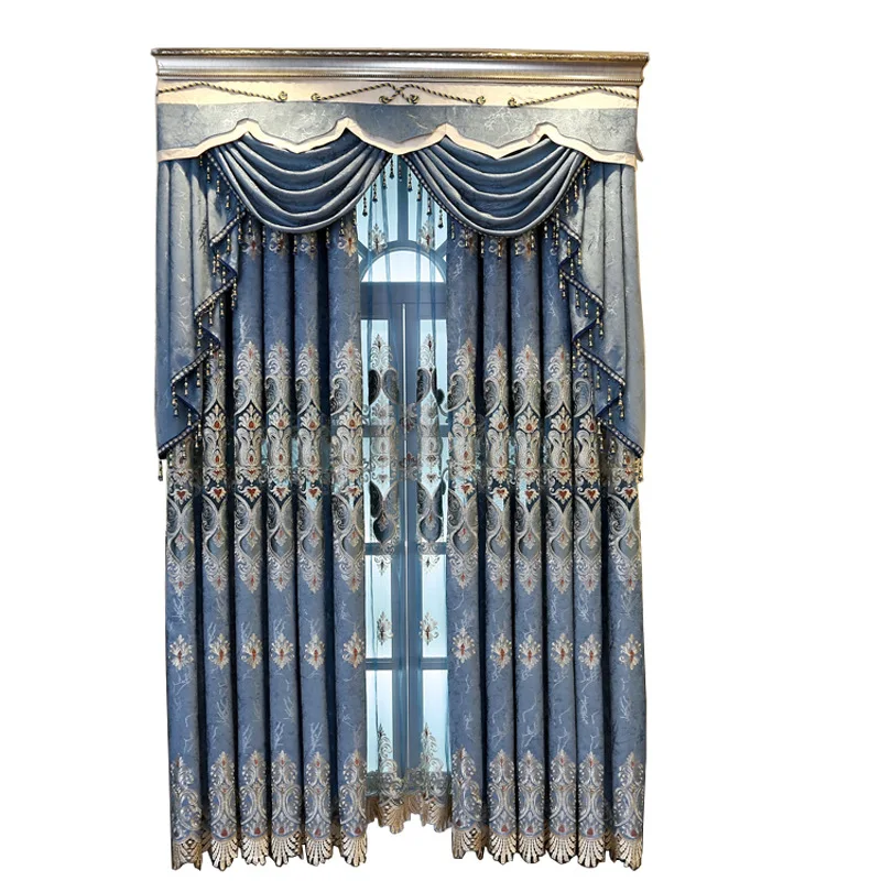 Синие Водорастворимые Вышитые оконные шторы из плотной синели для гостиной