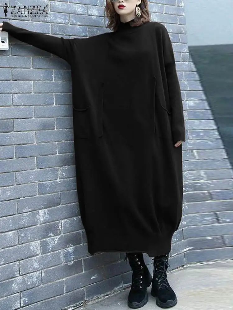 Купи ZANZEA Women Oversize Long Robe Long Sleeve Streetwear Korean Style Casual Loose Knitted Dress Turtleneck Autumn 2022 Midi Dress за 1,253 рублей в магазине AliExpress