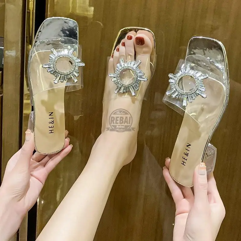 Fashion Women Sandals Low Mid Heels 1.57 Inches Beautiful Sun Flowers Transparent Sexy SlippersSize 35-45 Womens Shoes