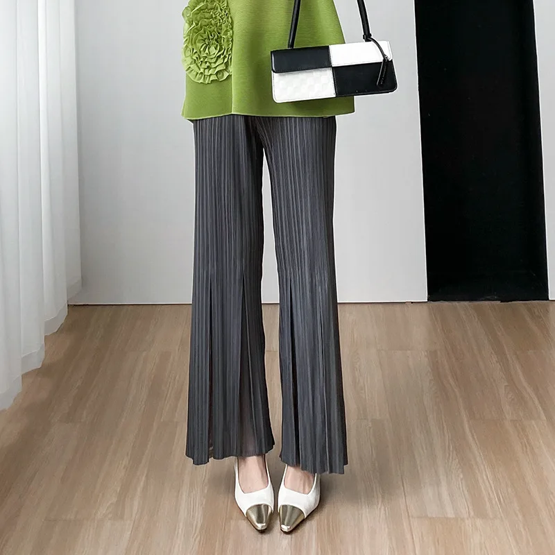 Фото Miyake стиль модные высококачественные удобные повседневные свободные однотонные облегающие прямые брюки для женщин лето 2023 новинка №3