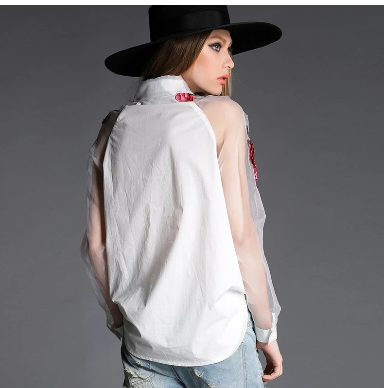 Женская модная белая рубашка размера плюс 3XL из органзы с цветочной вышивкой