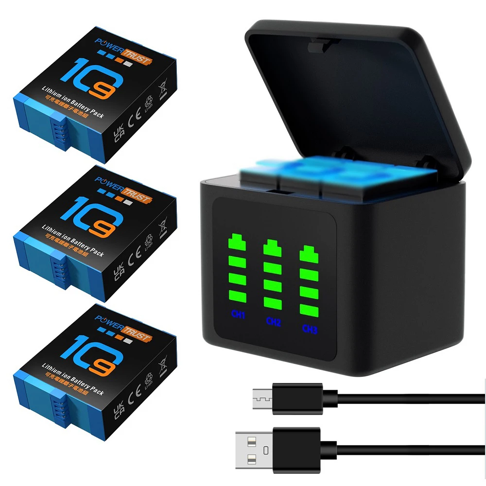 

3x Hero 10 11 Replacement Battery and 3-Channel USB Charger Fully Compatible with GoPro Hero 11/10/9 Black AHDBT-10-1 AHDBT-901