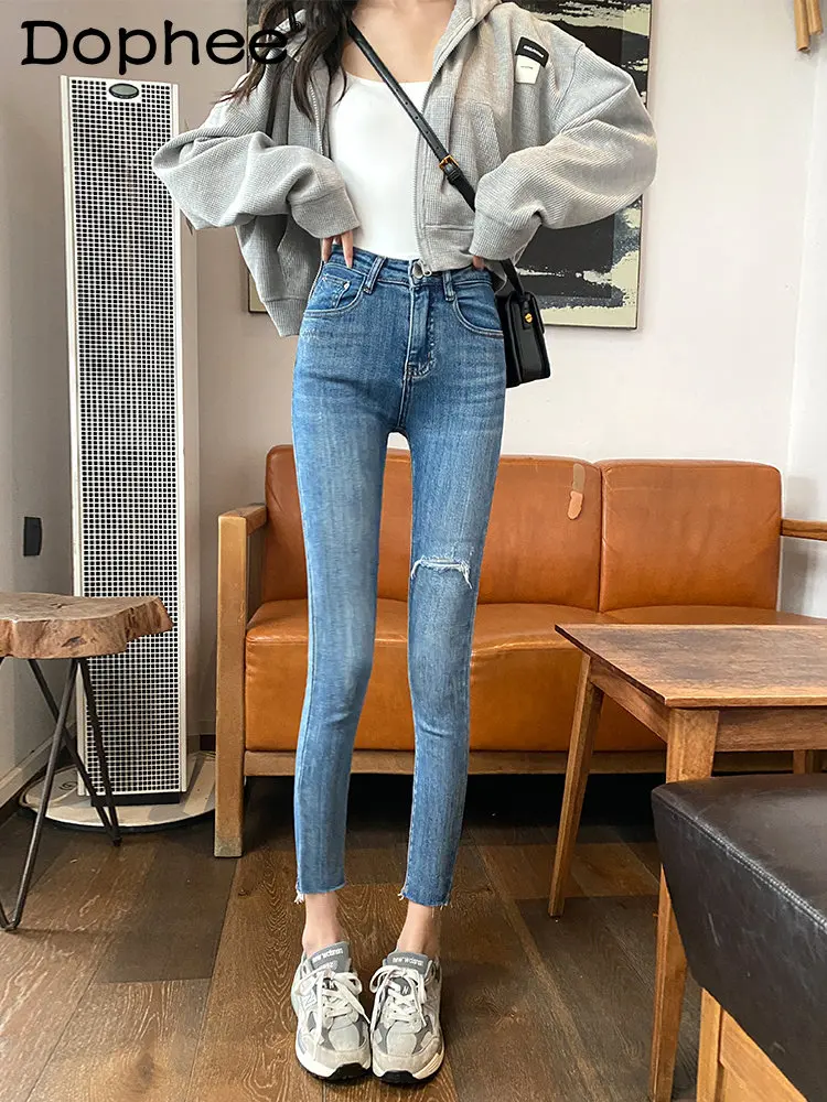 Blue Skinny Jeans for Women Stretch High Waist Jeans 2022 Spring and Autumn New Korean Style Ripped Ankle-Tied Pants Denim