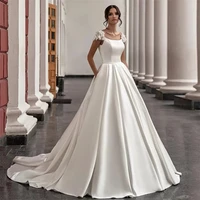 elegant wedding dresses boho beach bridal gown square neck satin sweep train short sleeves robe de mari%c3%a9e custom made
