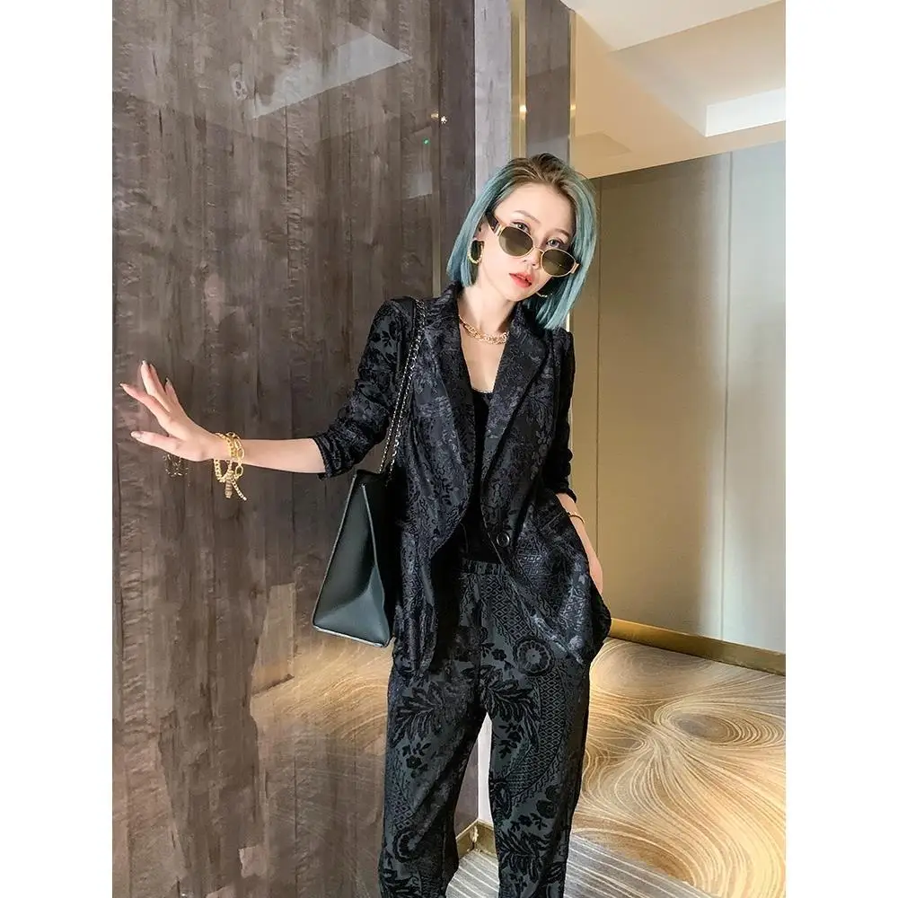 

Blazer Pants Sets Women 2022 Spring/AutumnPrinted Flocking Suits Western Slim Two-piece Professional Famal Clothing High Street