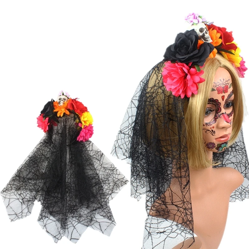 

HXBA Black Veil Flower Crown Skull Headband Day Of The Dead Headband Gothic Headwear