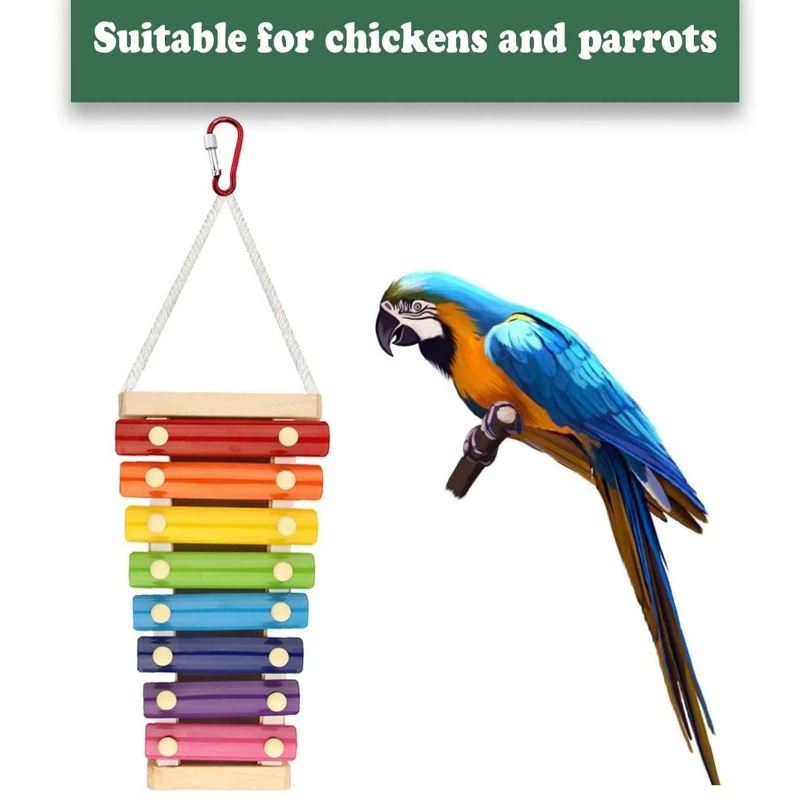 

Chicken Bird Toy For 8 Hanging Educational Rope Parrot Toy Chew Hens Xylophone Intelligence Wood Suspensible Training Toy Keys