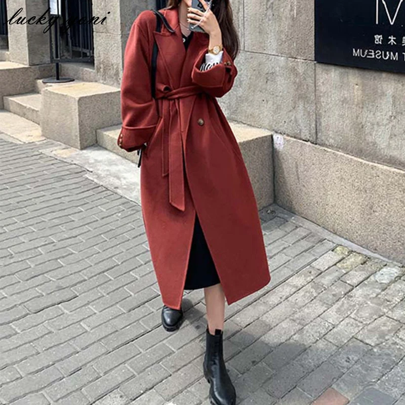

Yoni Vintage Solid Woolen Coat Women Winter Korean Over-the-knee Button Lapel Coat Female Mid-length Outercoat Lady Office