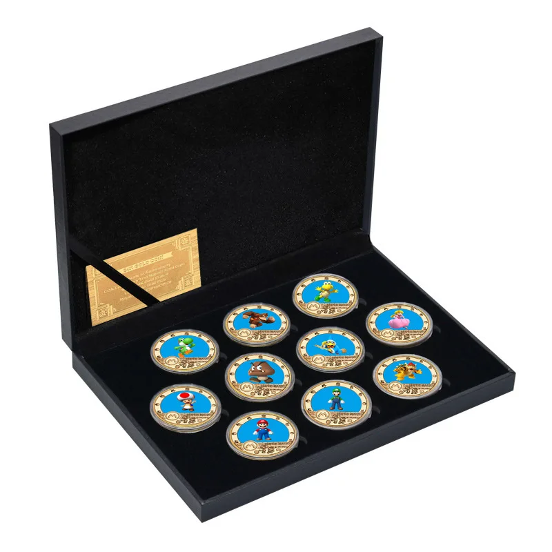 Super Mario Bros Toys Металлическая памятная монета Luigi Bowser Koopa Yoshi Ropucha Goomba Аниме Фигурки