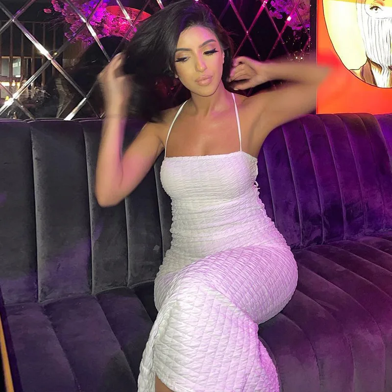 

Summer Dress Women 2022 Halter Neck Backless Long Dress Sexy Bodycon Bandage Midi Dress Party Club Beach White Dress