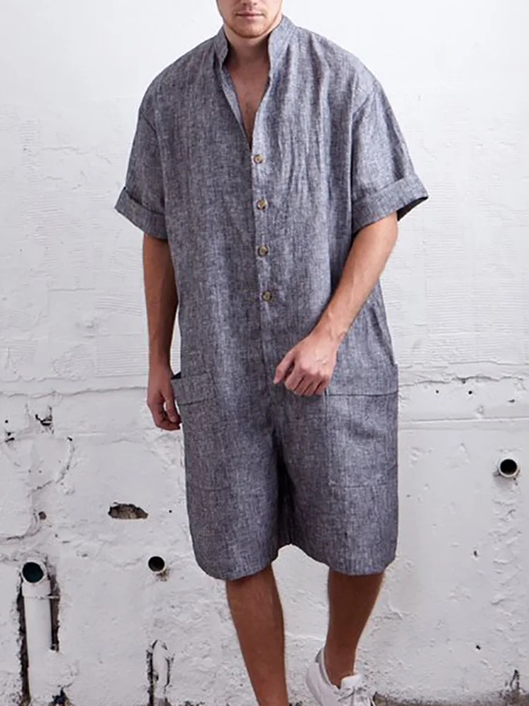 

Casual Short Sleeve V-Neck Single Breasted Men's Rompers Fashion Solid Loose Jumpsuit Shorts Men Harajuku Simple Summer Jumpsuit
