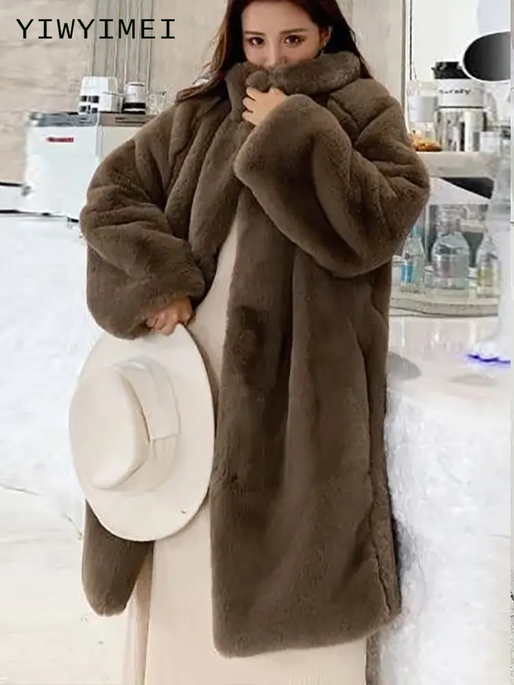 

Winter Women Faux Rabbit Fur Coat Lengthen Knee Fur Coat Loose Lapel OverCoat Thick Warm Fur Coat Female Plush Coats Black