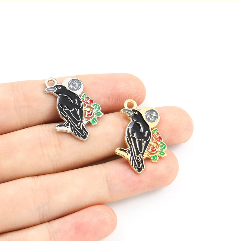 10 шт. эмалированные Подвески в виде черной вороны готический ворон цветок