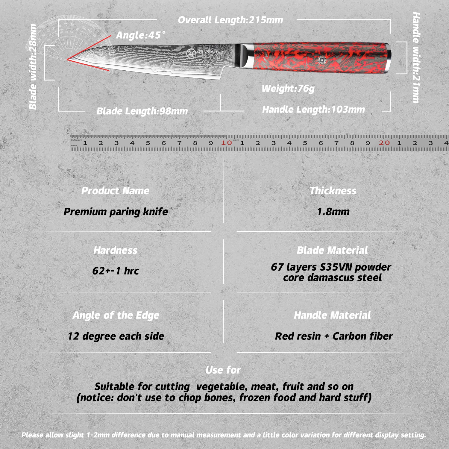 Grandsharp 3 8-дюймовый нож для очистки овощей 67-слойное лезвие из дамасской стали