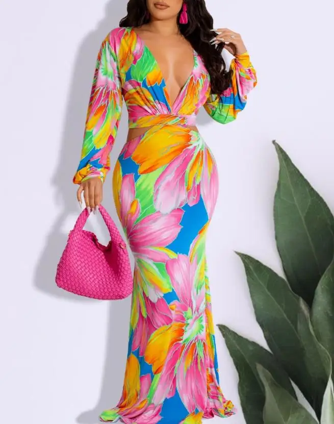 

Elegant summer Dresses for Women 2023 Sexy Floral Print Plunge Tied Detail Mermaid Maxi Skinny Dress New Fashion Casual Vacation