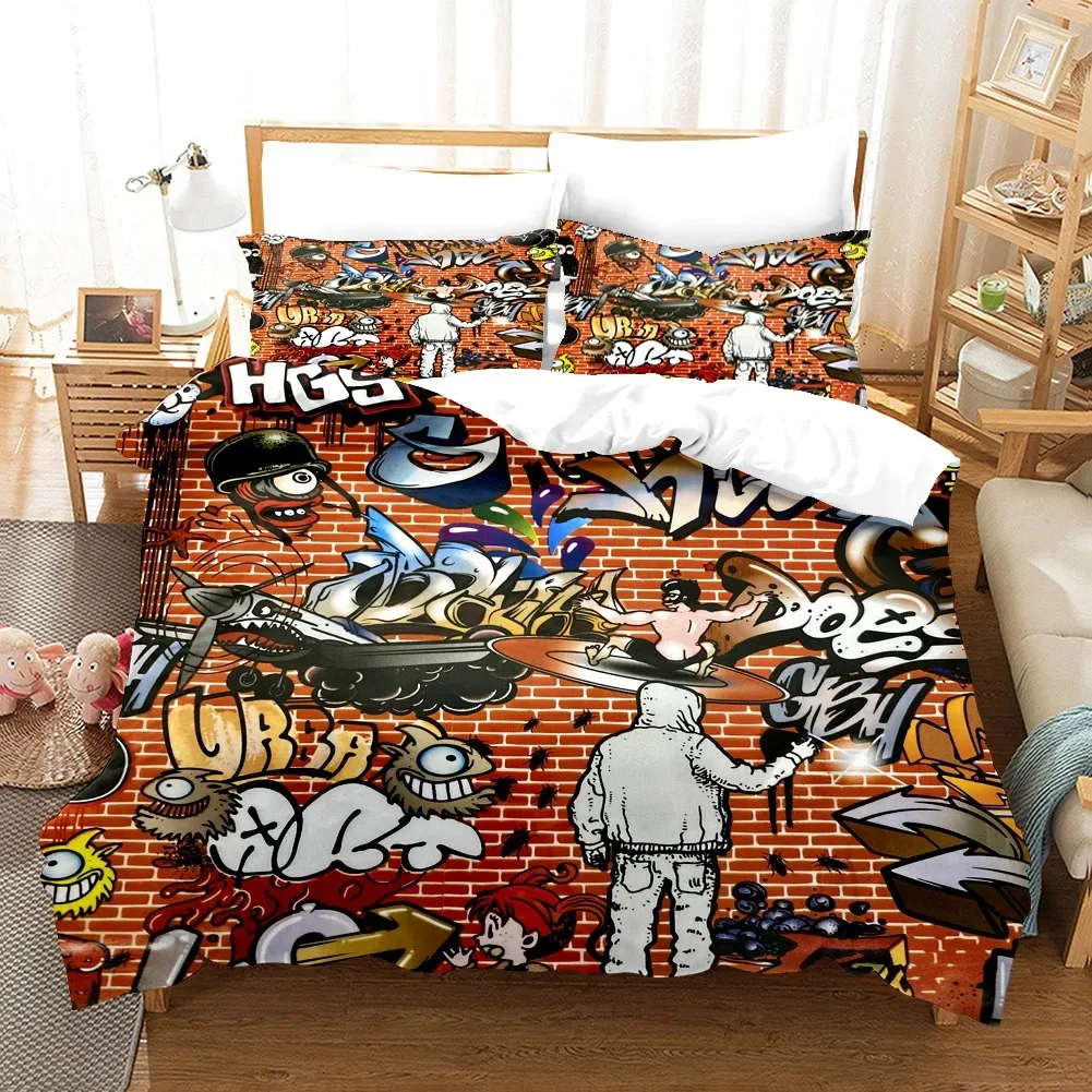 Cartoon Style Hip-Hop Graffiti 3D Printed Duvet Cover Pillowcase Bedding Set Teenagers Bedroom Decor Bed Kit，Single_Queen Size