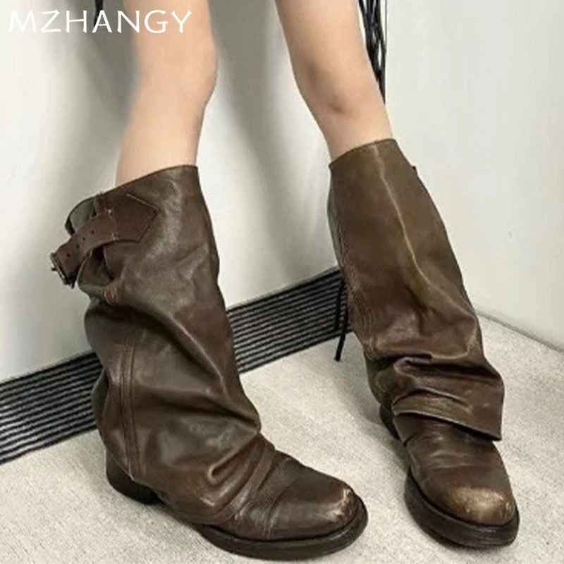 Женские кожаные высокие сапоги модная обувь до колена на плоской подошве женские