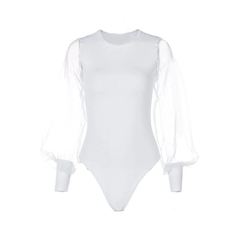 Women Mesh Lantern Long Sleeve Thong Bodycon Bodysuit Round Neck Romper Jumpsuit 10CE