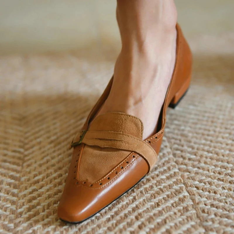 Women Flat Shoes Suede Pointy Leisure Lefu Retro Low Top PU Square Head Shallow Mouth Solid Color Single Breathable