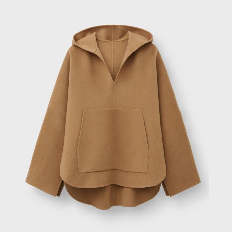 

Women Coat 2021 Autumn and Winter Outer Wear Hooded V-neck Loose Cashmere Sweater Double-sided Women Woolen Coat