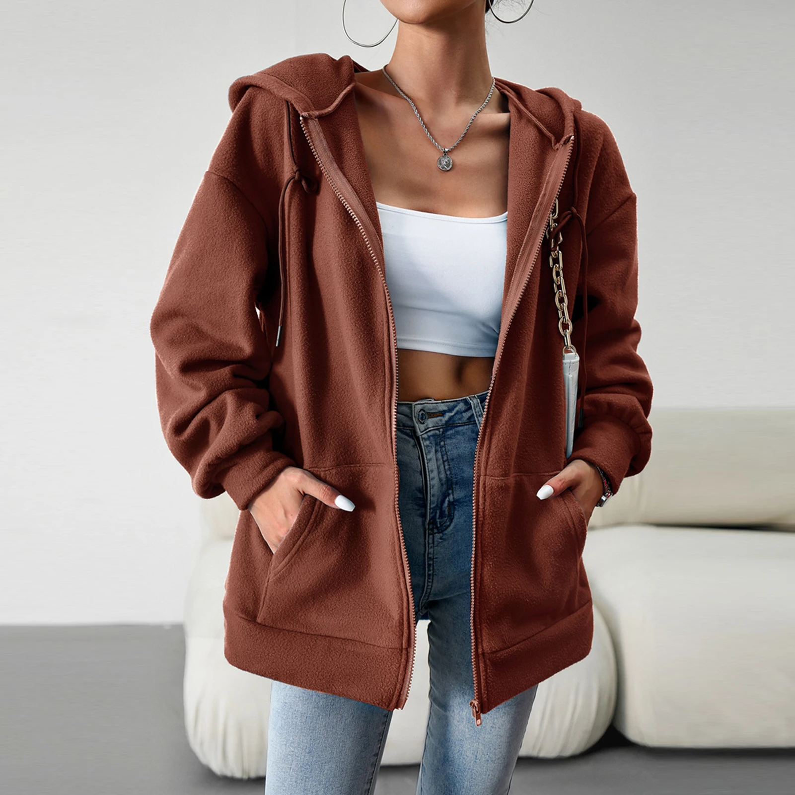 

Women Solid Color Hoodies Zipper Long Sleeve Loose Hooded Sweatshirts Autumn Winter Retro Pocket Casual Oversize Jacket Coats