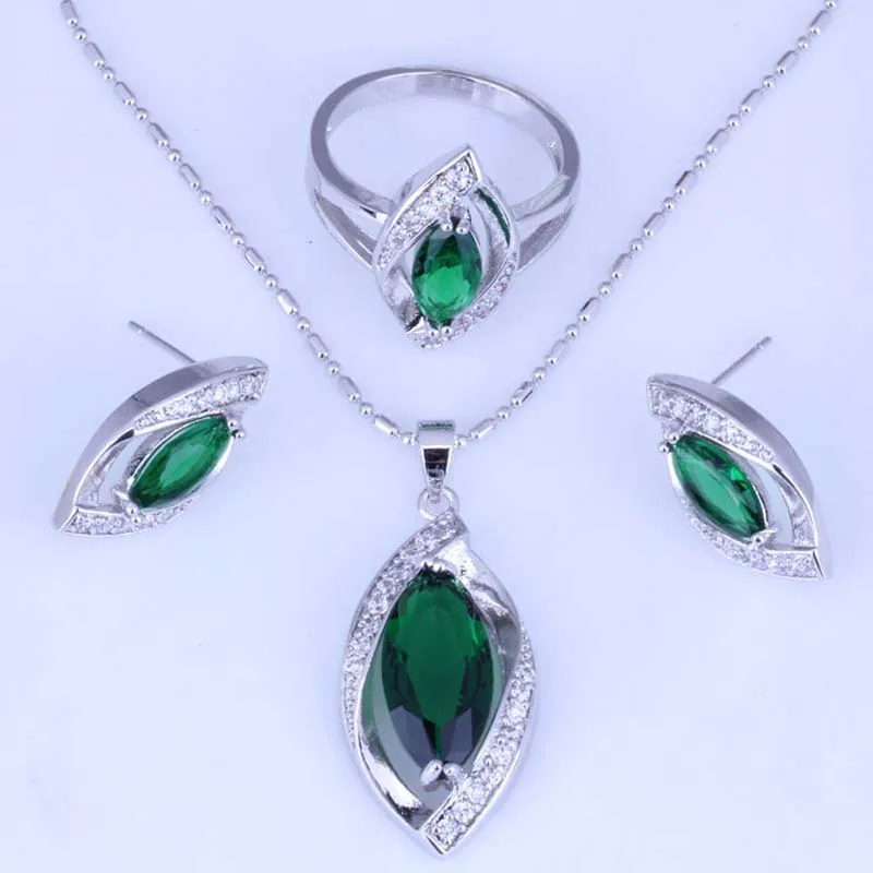 Top Quality Pretty Green Imitation Emerald & Cubic Zirconia Silver Color Stud Earrings/Pendant Necklace/Rings Jewelry Sets H0241