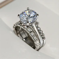 elegant 3 pcsset silver color inlaid white zircon crystal female alloy ring for women party wedding engagement jewelry