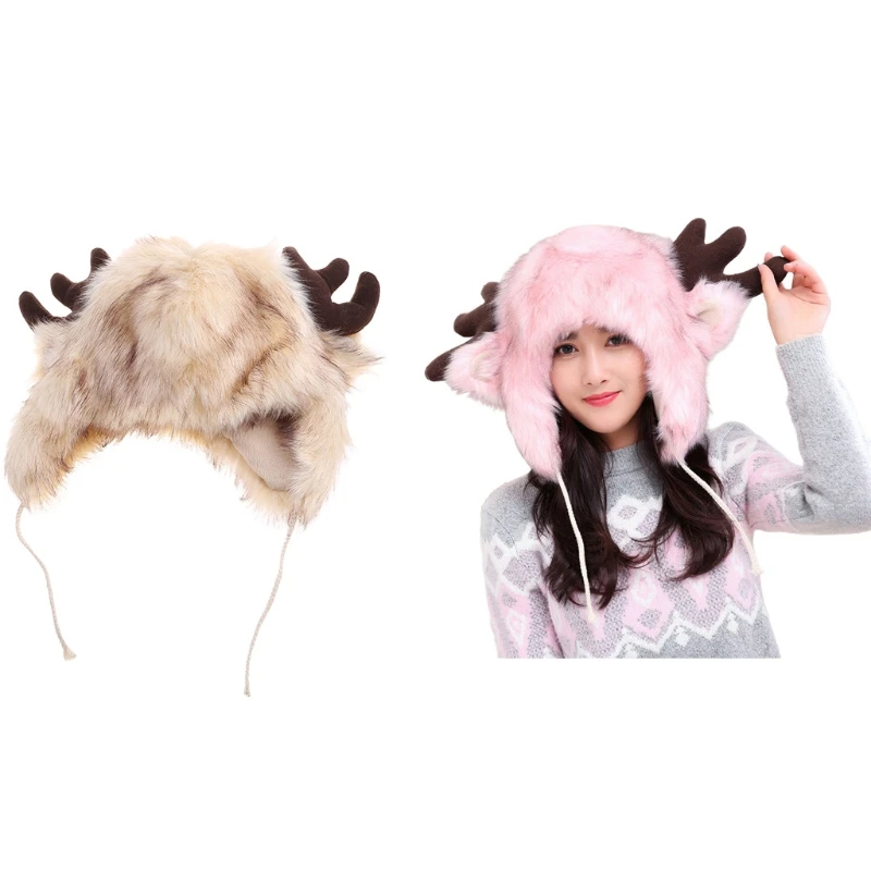 Women Winter Trapper Hat Earflap Warm Slouchy Fleece Plush Animal Deer Ears