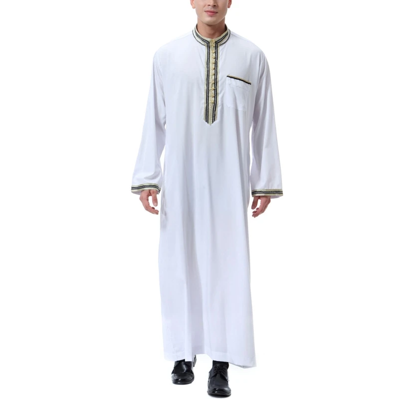 Vintage Simple Muslim Dress Caftan Robe Long Sleeve Stand Collar Jubba Thobe Man Leisure Dress Thobe Islamic Clothing