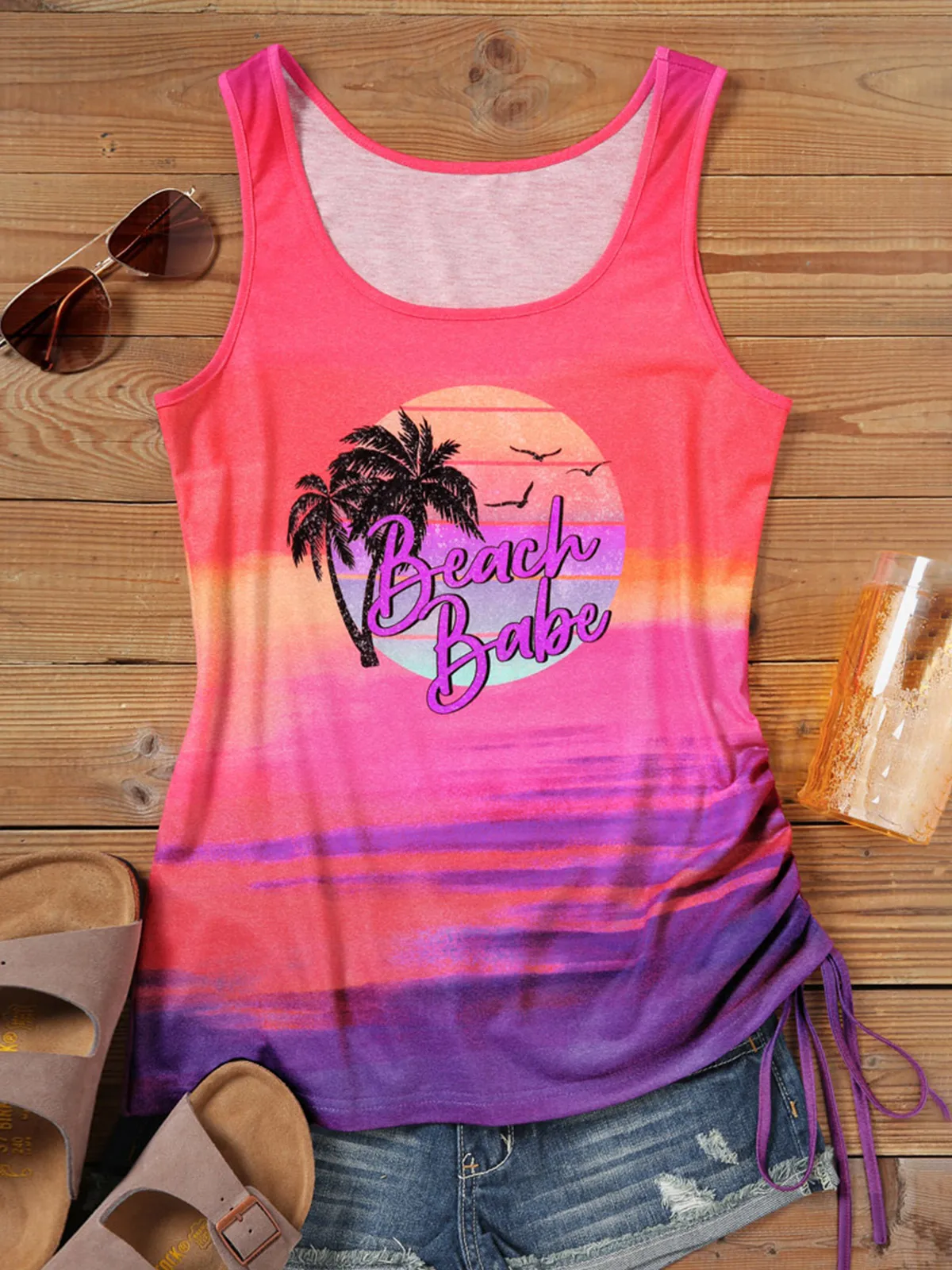 

Beach Babe Drawstring Coconut Tree Tank Hot Sexy Streetwear Crop Top for Women Girls Casual Clothes Elastic Camis Short Tank Top