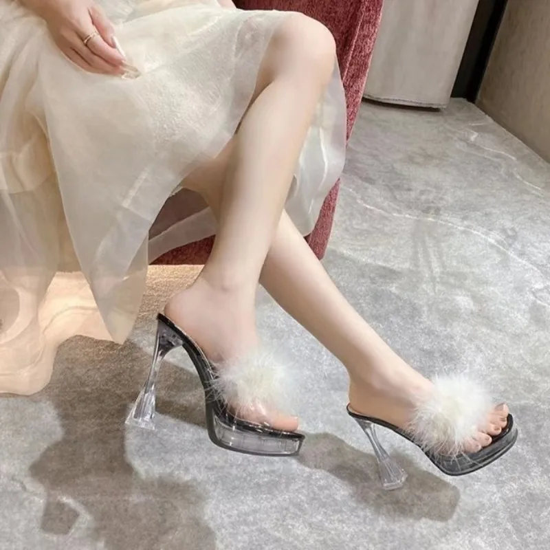 Женские шлепанцы из ПВХ прозрачные Меховые Туфли на высоком каблуке с перьями