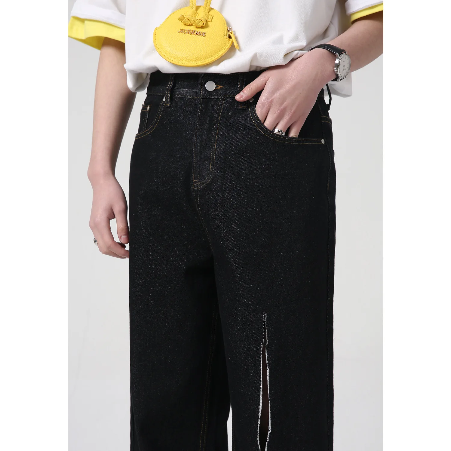Four Seasons Trousers Korean Version Straight Cut Hole Design Sense Ins Jeans Men's Popular Streetwear Ins Hot Sale Men Clothing