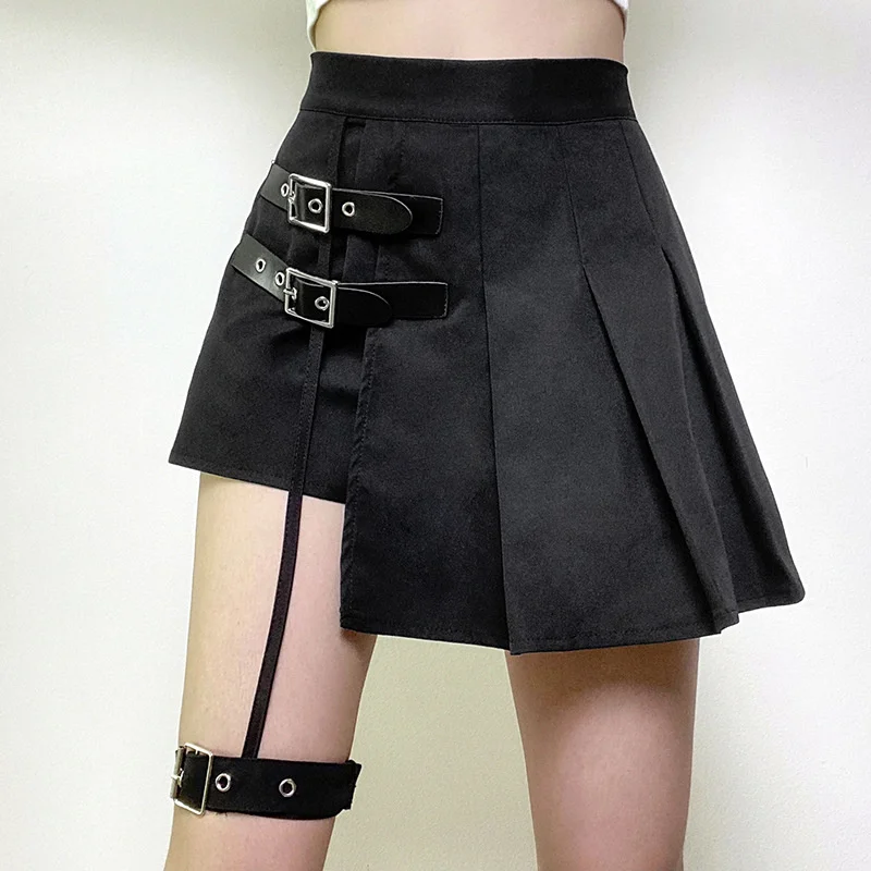 

Goth Spicy Girls Dark Individuality Leg Ring Asymmetrical pleated skirt Women's skirt with bottom adjustable button A-line skirt