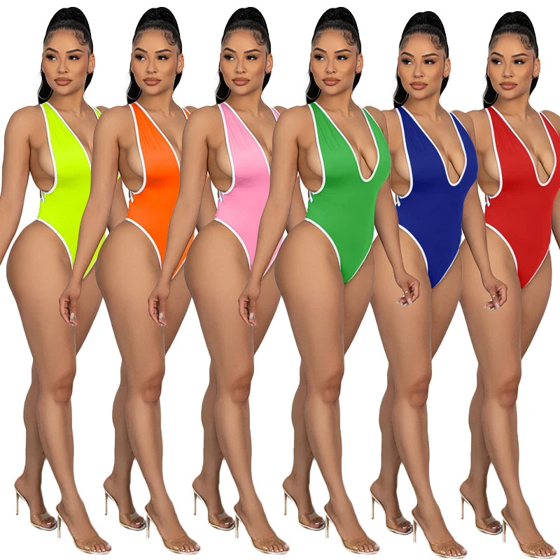 

2023 New Sexy Solid Color Trimmed Women's Bikini Three Point Thong Tank Top One Piece Swimsuit Push Up Padded Swimwear Beachwear