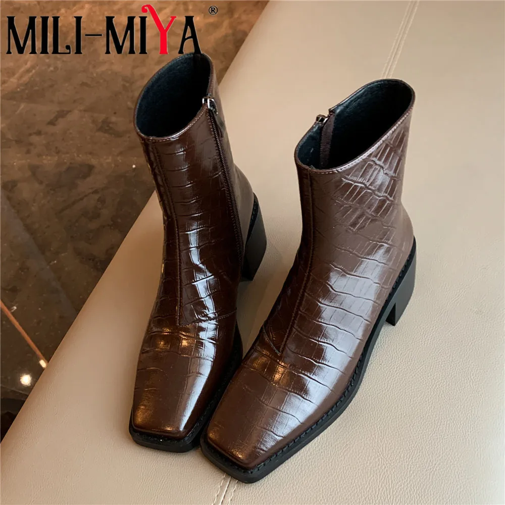 

MILI-MIYA Fashion Stone Pattern Women Cow Leather Ankle Boots Square Toe Thick Heels Zippers Solid Color Size 34-40 Handmade