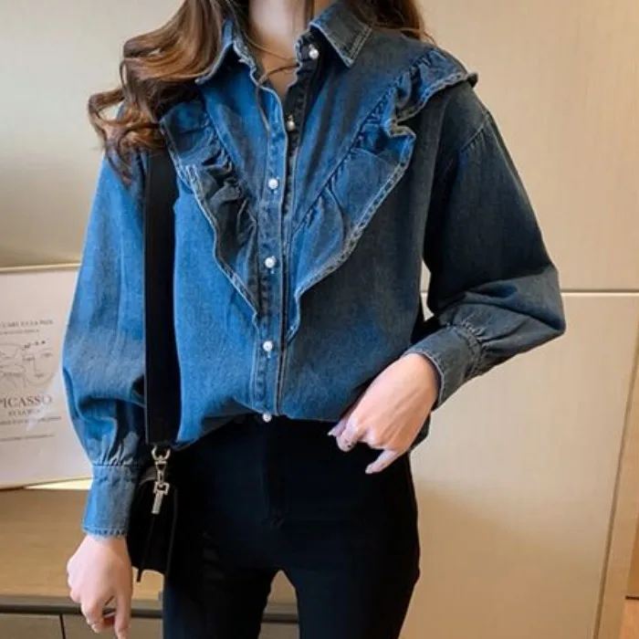 

SuperAen 2022 Spring and Autumn New Korean Large Ruffle Denim Shirt Female Fat Mm Loose Thin Long Sleeve Bottomed Woman Top