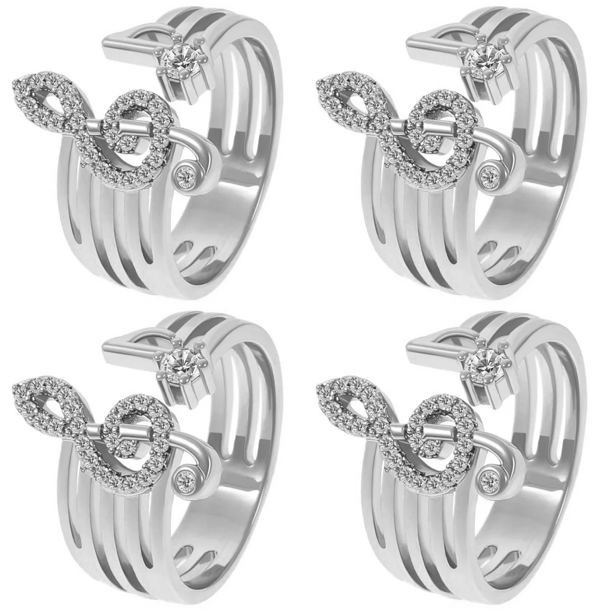 

4 PCS Wedding Decoration Musical Note Ring Lover's Rings Finger 1.7x1.7cm Open Jewelry Women Silver Alloy Miss