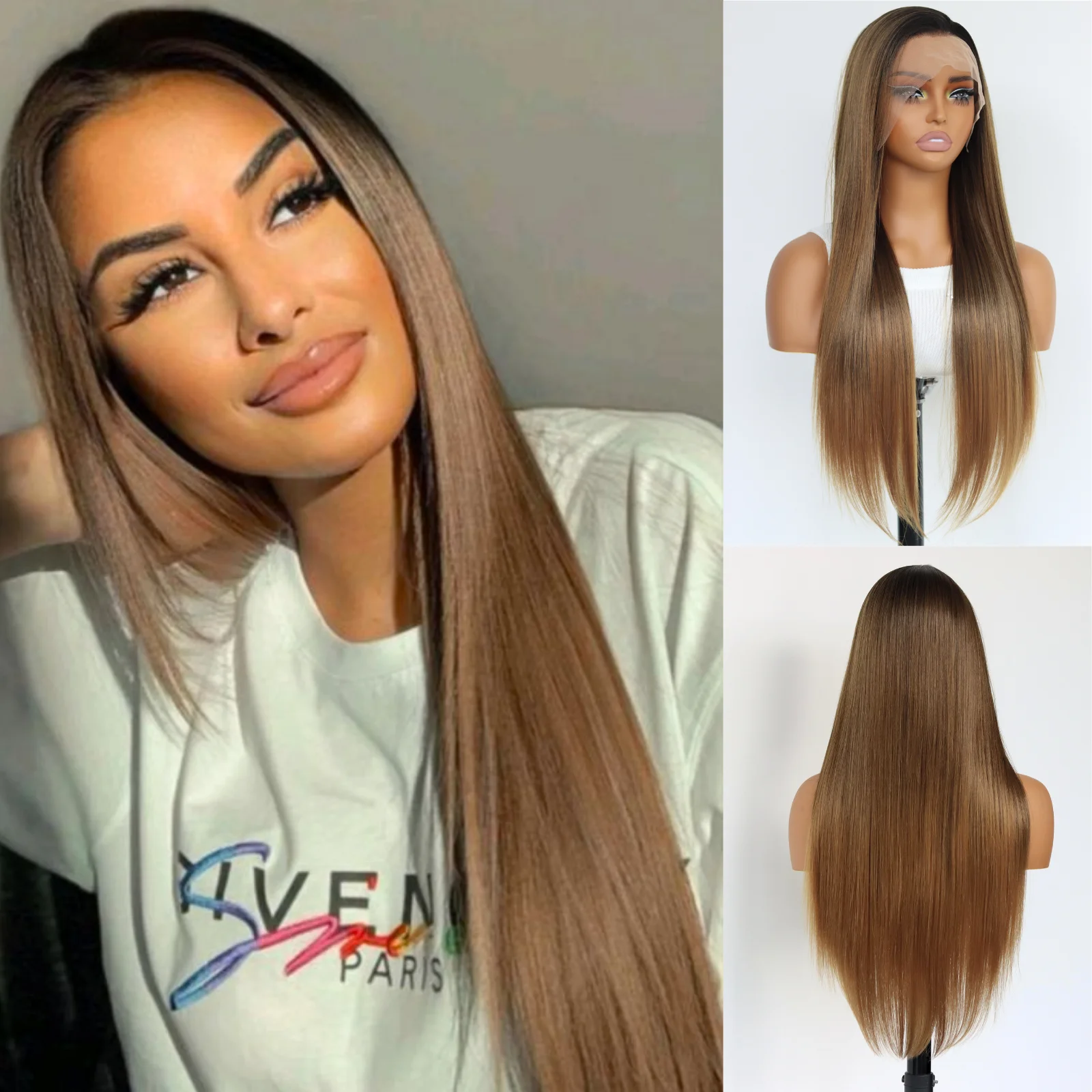 Коричневый градиент Длинный прямой синтетический парик фронта шнурка 13 × 4 Парик