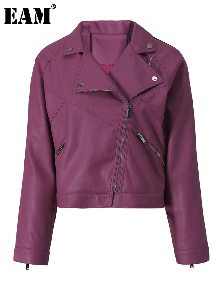 

[EAM] Loose Fit Purple Zipper Big Size PU Leather Jacket New Lapel Long Sleeve Women Coat Fashion Spring Autumn 2023 1DF4098