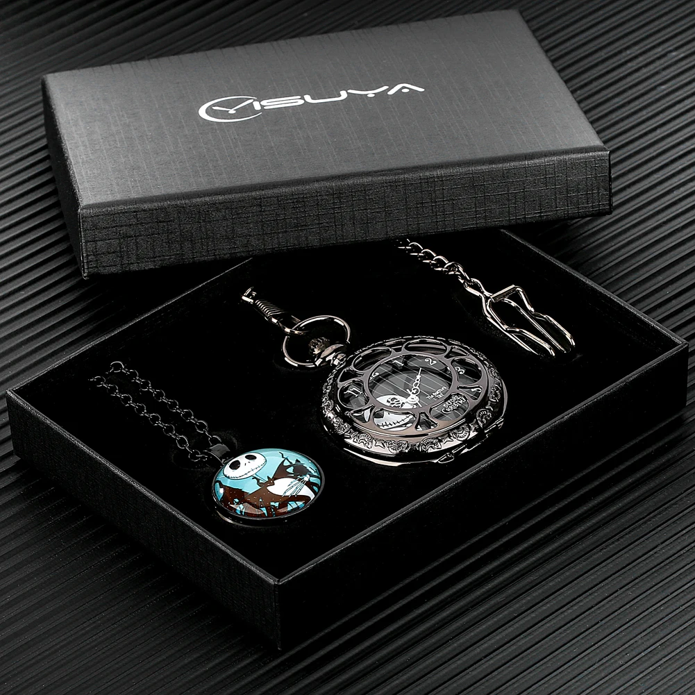 Pocket Watch Sets for Men Black Hollow Cover Skull Movie Cosplay Gift Set for Men Women Quartz Pocket Watch Necklace Pendant