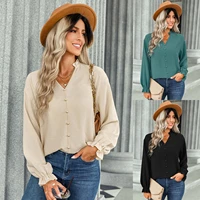 womens solid color long sleeve v neck button blouses ladies spring autumn elegant casual shirt