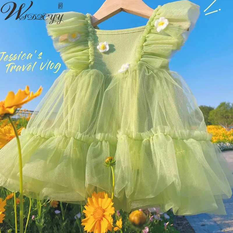 

Toddler Baby Girls Princess Dress Summer Solid Colors Small Flying Sleeve Gauze Dress Fresh Flower Embroidery Children Clothing